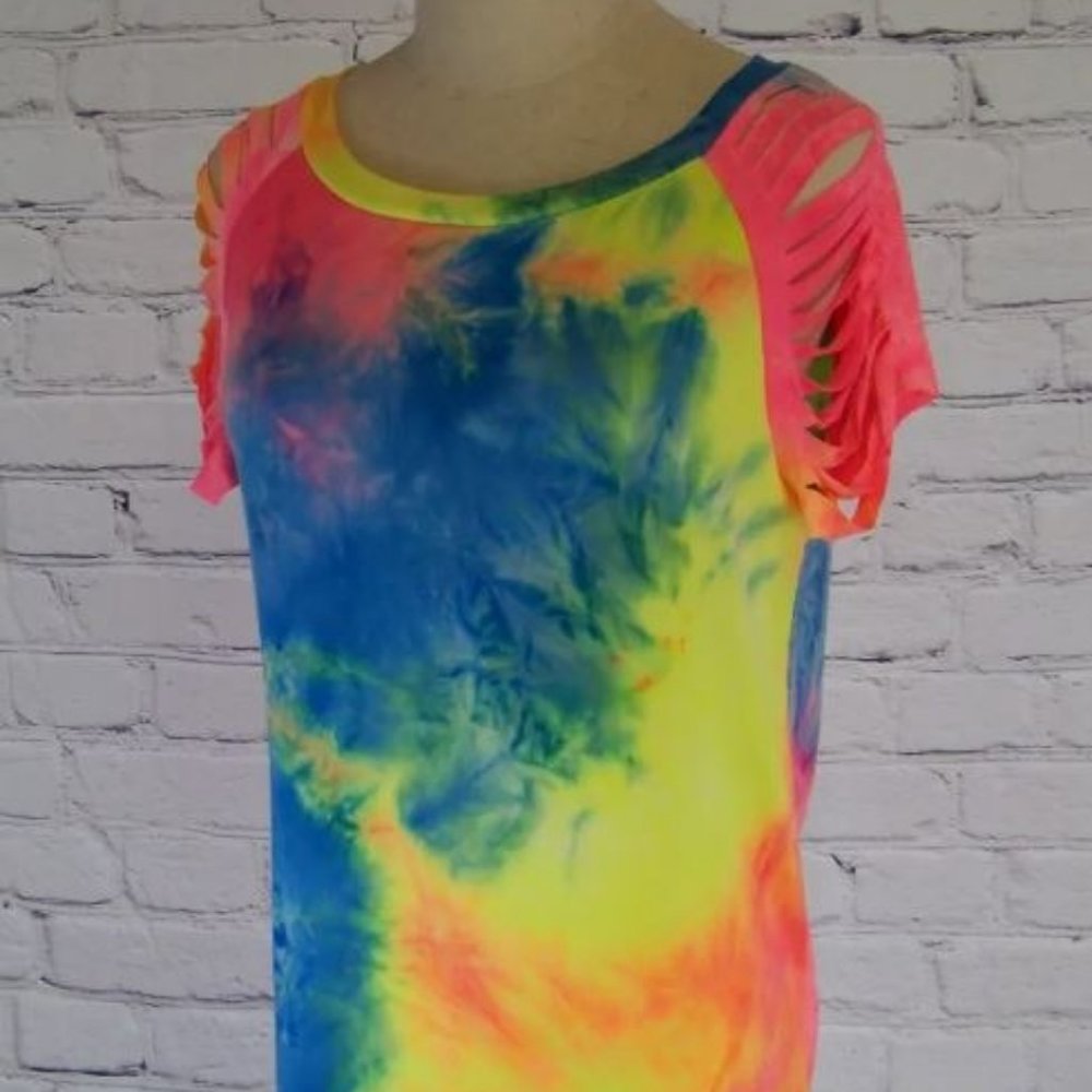 Tie Dye Short Sleeve Top - Blue Yellow Pink - Small, Large, XL